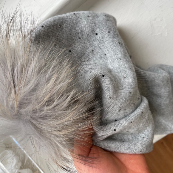Grey fox fur cashmere wool rhinestone beanie main image 5